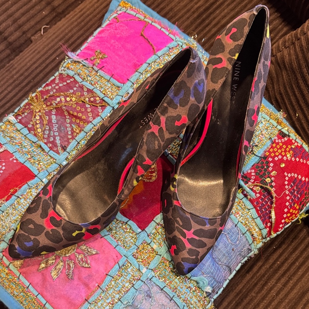 Nine West Black and Pink Leopard Print Heels